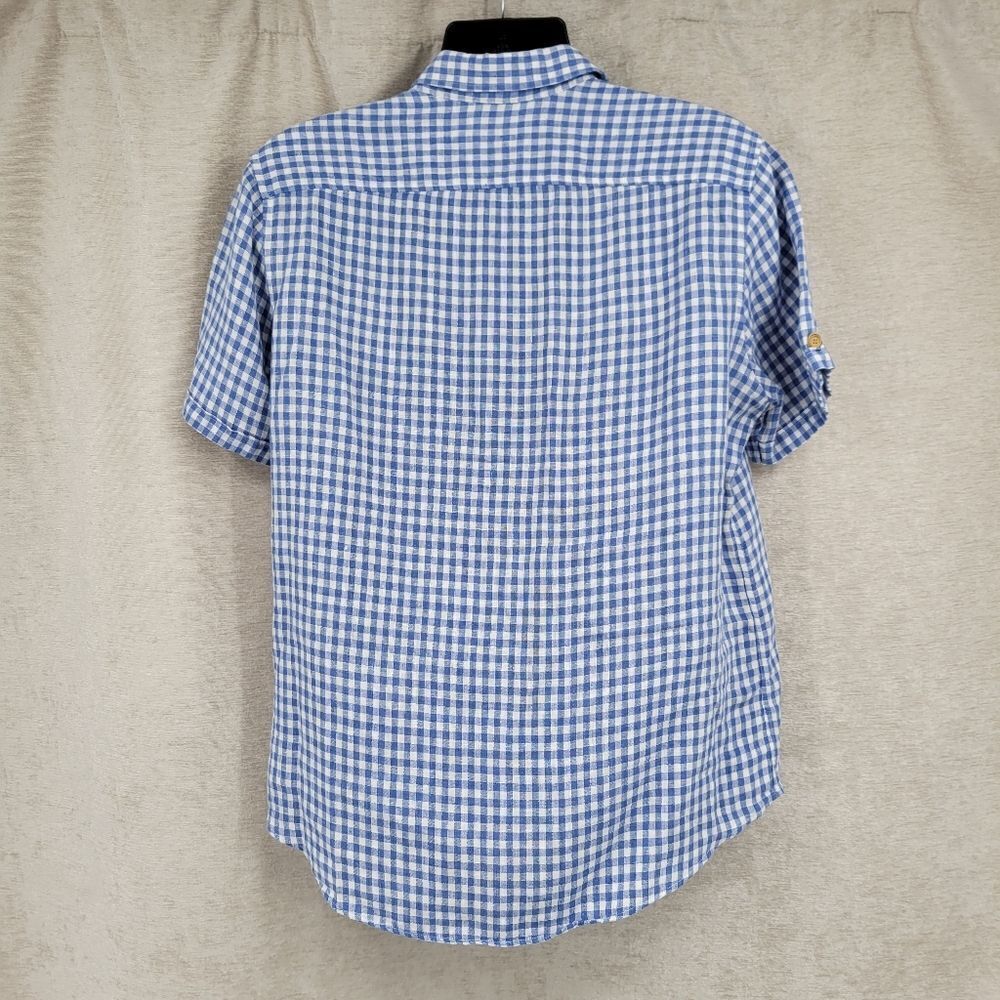 Murano Baird McNutt Linen Blue White Gingham Short Sleeve Button Down Shirt - Picture 4 of 10
